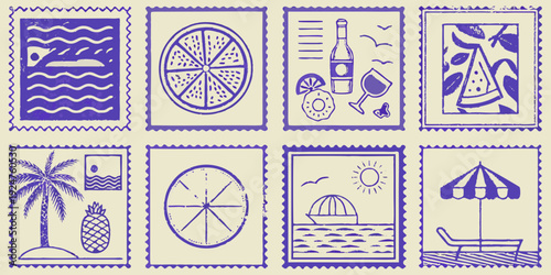 A collection of vintage style postage stamps depicting summer themes