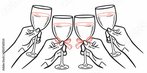 Four champagne glasses clinking in a celebratory toast hands holding stems