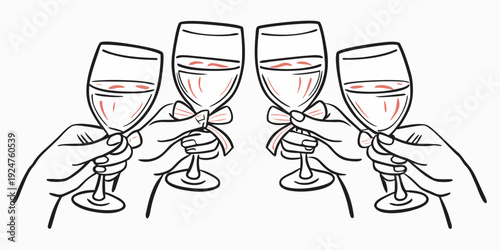 Four champagne glasses clinking together in a celebratory toast