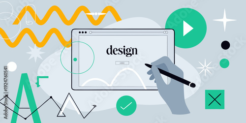 Digital design concept featuring a tablet stylus and abstract shapes