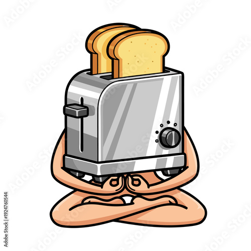 Illustration of toaster ejecting toast with anthropomorphic hands, kitchen appliance concept art in cartoon style