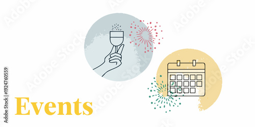 Celebration graphic featuring a champagne glass fireworks and a calendar