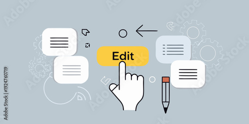 Hand clicking edit button amidst interface elements and mechanical icons