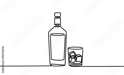 Minimalist continuous line vector graphic illustration depicting a liquor bottle next to an elegant rocks glass filled with ice cubes