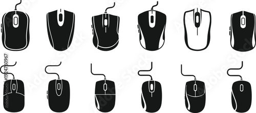 Large Collection of Computer Mouse Vector Icons Featuring Various Wired and Wireless Gaming and Office Designs Isolated on White Background (exactly 20 words)