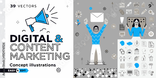 Digital and content marketing concept with various illustrative vector icons