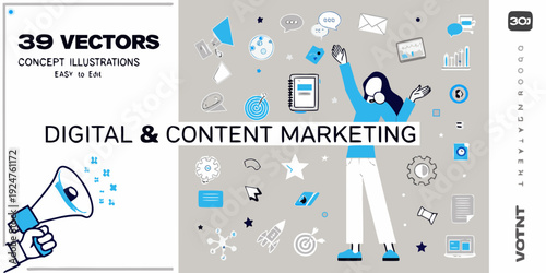 Digital and content marketing concepts illustrated with vector graphics and a woman