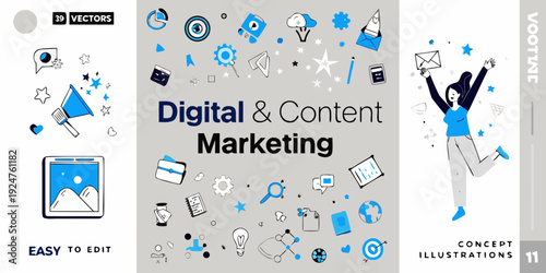 Digital and content marketing concept with various illustrated elements
