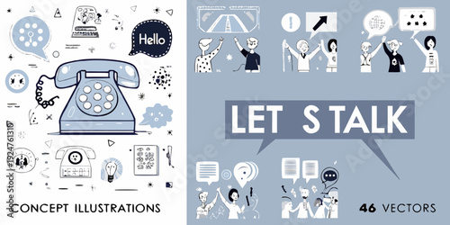 Communication concept illustrations with vintage phone and people talking