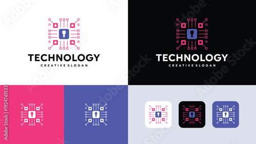 Smart Security Technology Abstract Symbol Logo Template with Processor Chip Lines and Security Keyhole