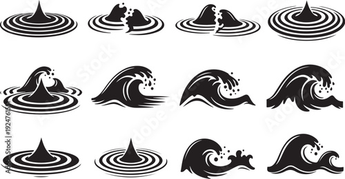 Black and white wave icons in various stages motion