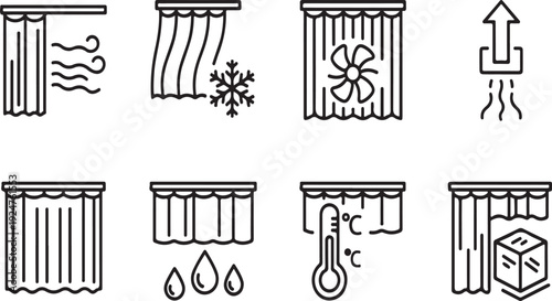 Eight different icons representing various weather conditions and their effects Vector