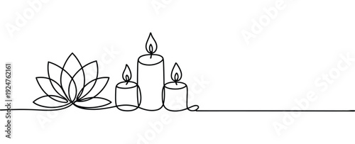 Elegant vector illustration in a continuous line art style depicting a serene lotus flower blooming alongside three lit candles, symbolizing peace, relaxation, and spiritual harmony.