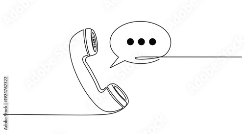Continuous line drawing of a vintage telephone handset with speech bubble