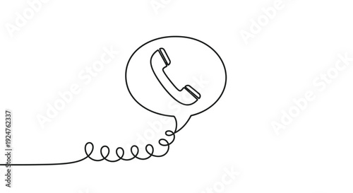 Single line drawing of a phone receiver in a speech bubble