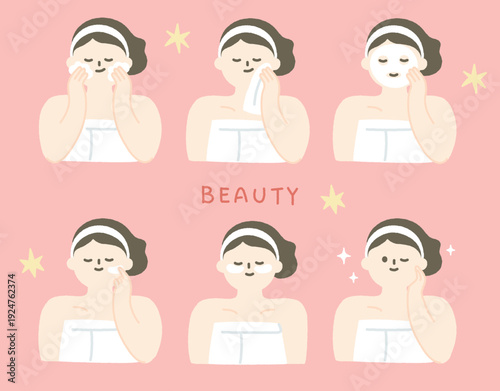 Skin care concept handdrawn illustration with beautiful woman doing skincare routine.