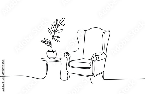 Minimalist continuous line vector illustration depicting a classic wingback armchair next to a small table holding a potted plant.