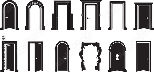 Various black door silhouettes on white background illustration set