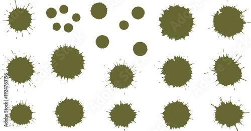 The image features a collection of ink blots that are olive green in color, neatly placed. The varying sizes and shapes of the ink blots create variety and spontaneity within the composition.