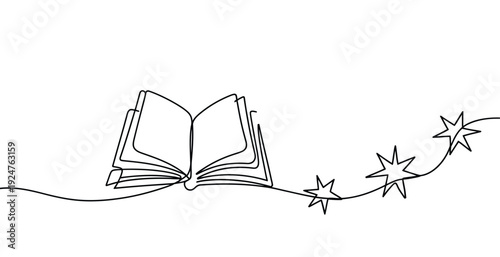 An open book with a string of stars coming out of it on transparent background