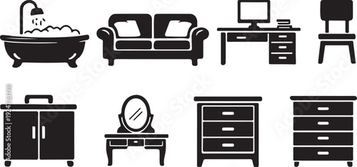 Black silhouette icons depicting various household furniture and bathroom fixtures
