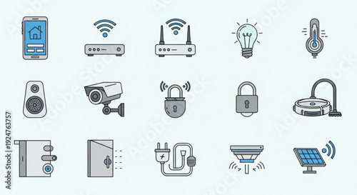 Smart home security system icons including smartphone app wifi router security camera lock light bulb and solar panel on a light blue background for technology and automation