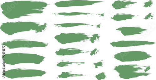 The image features a collection of green brush strokes that vary in length and thickness, creating an interesting and dynamic visual composition against a clean white background. The muted, earthy ton