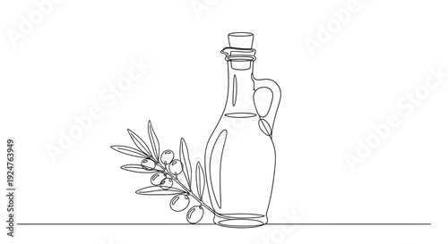 Olive Oil Bottle with Branch, Minimalist Line Art
