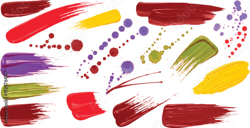 The described image features a vibrant and colorful composition made of paint strokes and splatters. The vibrant colors of red, yellow, purple, and green convey a sense of energy and creativity.