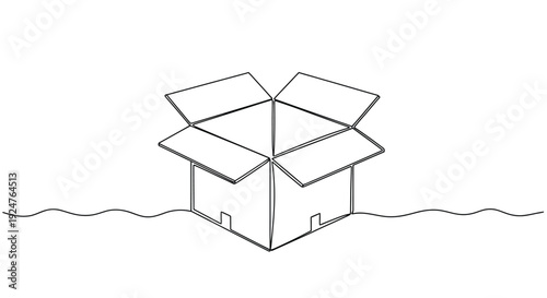 Open Cardboard Box Ready for Delivery, Continuous Line Art