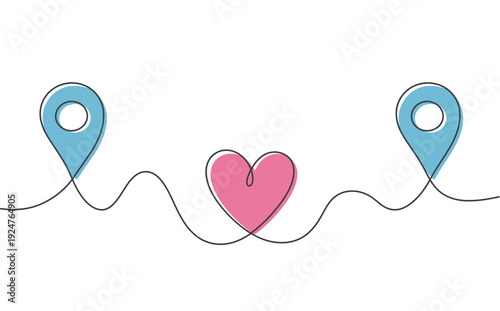 A stylized illustration of two blue location pins connected by a wavy line to a pink heart on transparent background