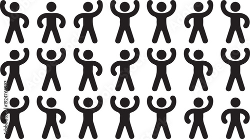 A group of 21 stick figures with raised arms in a celebratory pose
