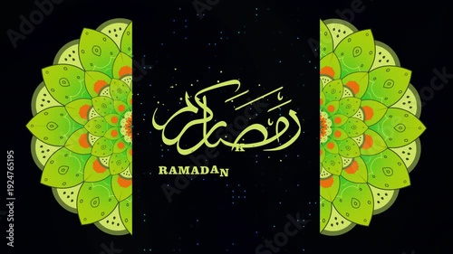 Ramadan background features ramadan kareem text and arabic script on mandala. Ideal for greeting cards, social media posts, and decorations.