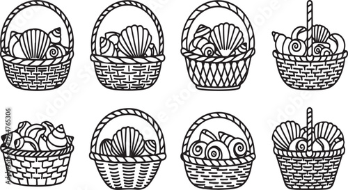 A collection of various baskets filled with different items and tools Vector
