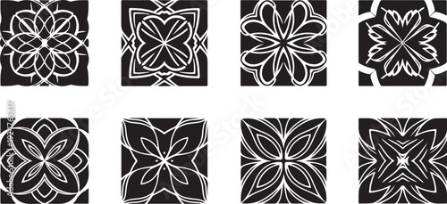 Set of eight black and white floral design tiles