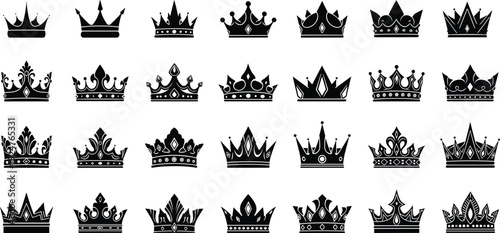 Large Set of Black Crown Silhouettes Featuring Royal Tiaras and King Authority Symbols Isolated on White Background for Graphic Design (Exactly 20 words)