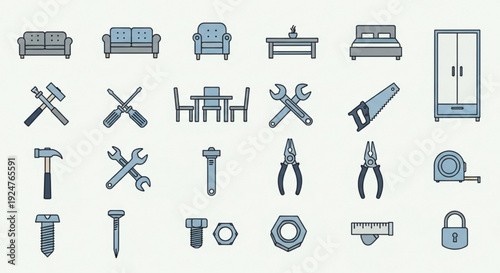 Collection of furniture and handyman tools icons for home improvement and diy projects