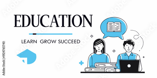 Illustration promoting education with students books and technology