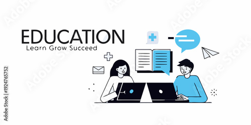 Illustration depicting students learning with laptops and educational concepts