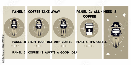 Comic strip illustrating the essential need for and enjoyment of coffee