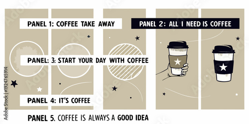 Coffee themed panels displaying quotes and illustrations in a comic style