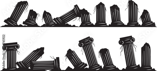 Collapsing ancient columns in black and white illustration style