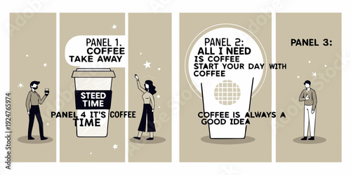 Comic strip illustrating a person s love for coffee throughout the day