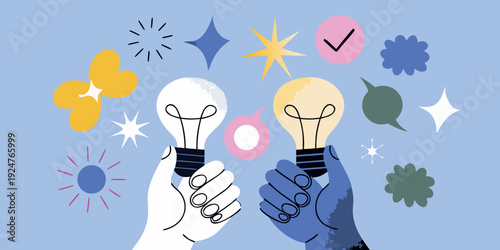 Hands holding illuminated lightbulbs with celebratory graphic elements