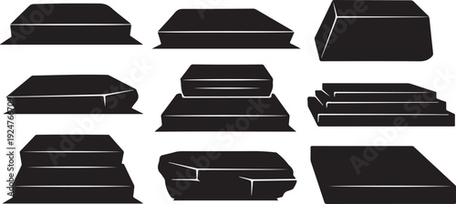 Collection of black bed mattresses in various shapes sizes