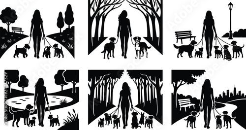 Woman walking dogs silhouette collection showing pet owner strolling multiple dogs in park, forest and urban outdoor lifestyle scenes