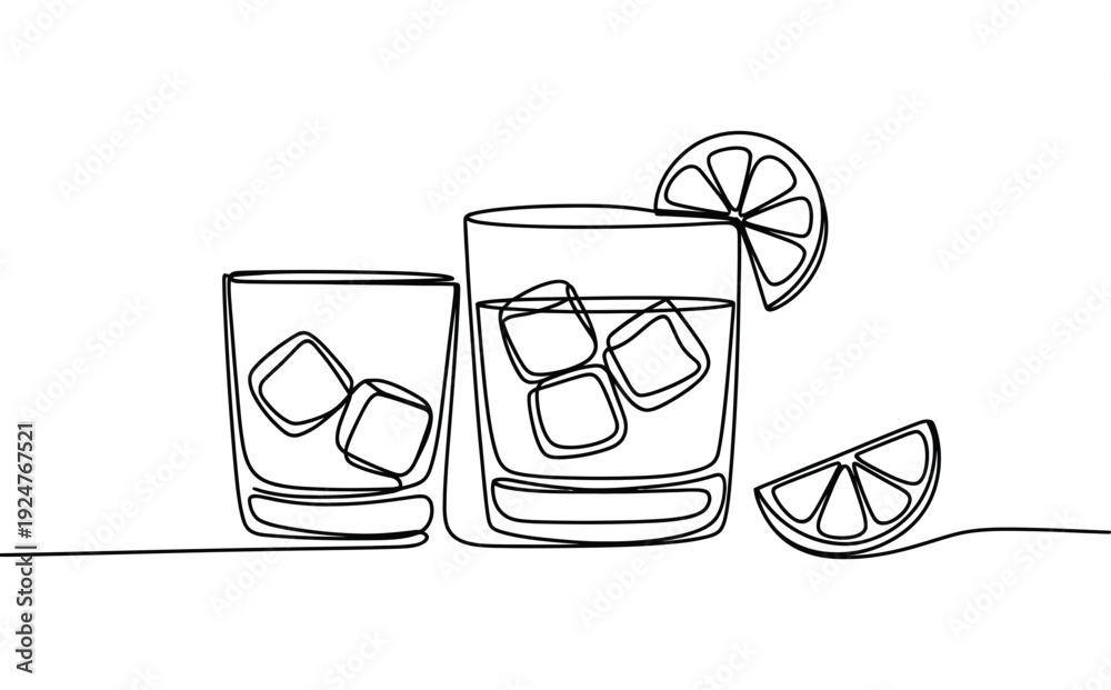 Fototapeta premium A line drawing of two glasses with ice and lemon slices on a transparent background