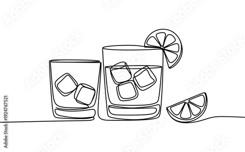 A line drawing of two glasses with ice and lemon slices on a transparent background