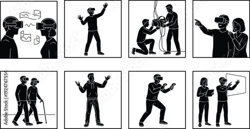Virtual reality technology silhouette icon set showing people using VR headsets, interactive simulation, gaming, training and immersive digital experience concepts
