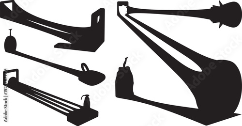 Black silhouettes of various cranes and pulleys system